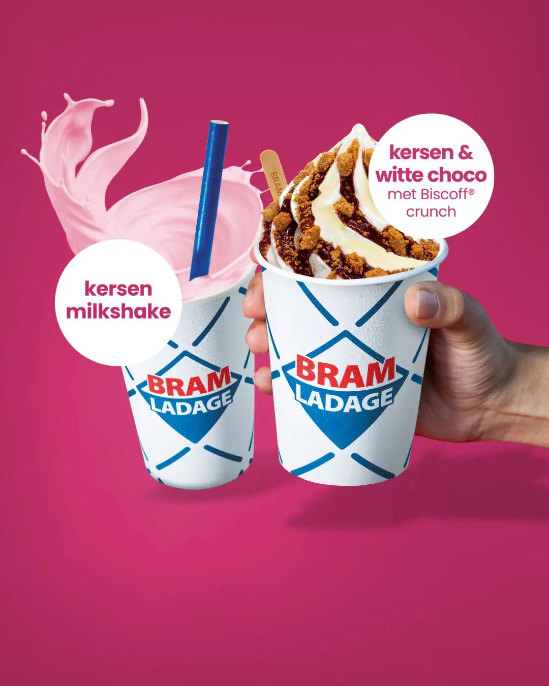 milkshake in de smaak kers en softijs in de smaak kers, witte chocolade met biscoff crunch