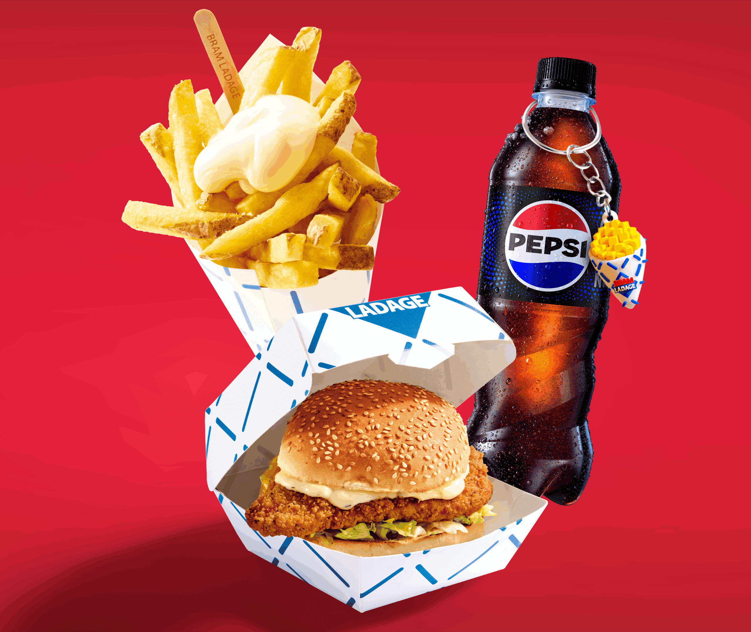 brammetje met een kipfiletburger, pepsi flesje en de bram ladage sleutelhanger