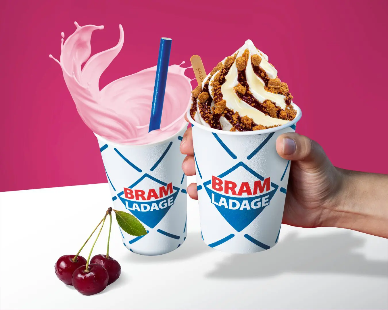 milkshake in de smaak kers en softijs in de smaak kers, witte chocolade met biscoff crunch